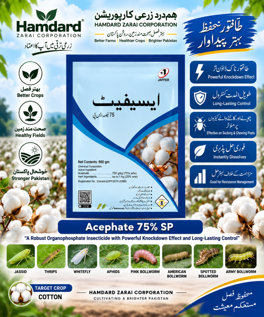 ACEPHATE 75% SP 660GM – کپاس میں رس چوسنے اور سنڈیوں کیلئے Systemic Insecticide | Jaffer