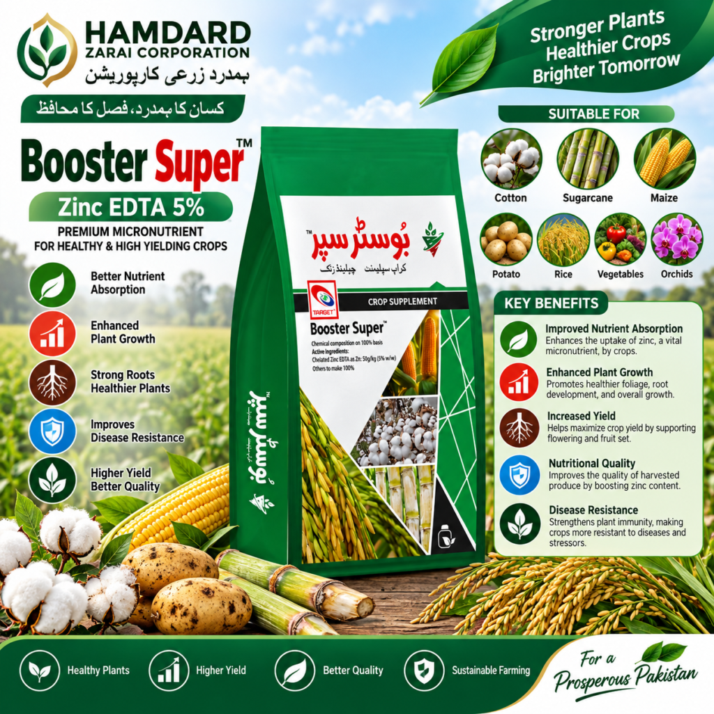 Booster Super Zinc EDTA 5% – کپاس، گنے، مکئی، آلو اور چاول کیلئے Zinc Micronutrient | Target