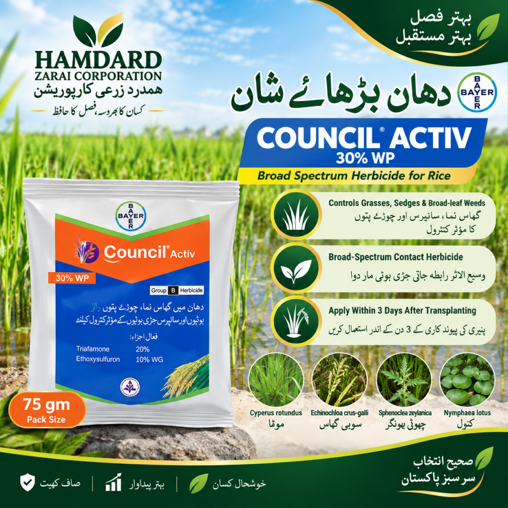COUNCIL ACTIV 30% WP 75GM – دھان میں گھاس، سیجز اور چوڑے پتوں والی جڑی بوٹیوں کے کنٹرول کیلئے Broad-Spectrum Contact Herbicide | Bayer