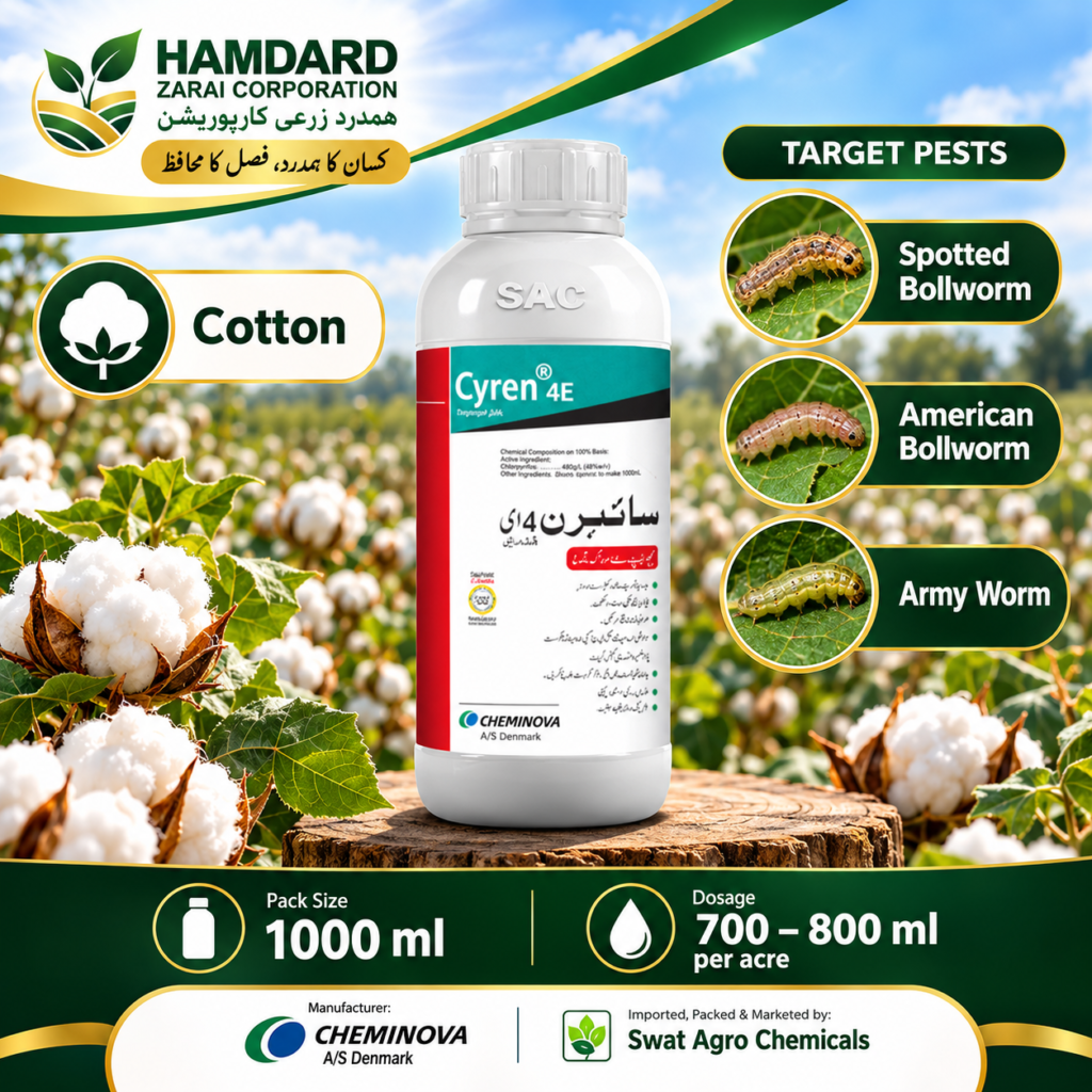 CYREN 4E 1000ml – کپاس میں Spotted Bollworm، American Bollworm اور Army Worm کے کنٹرول کیلئے Insecticide | Cheminova