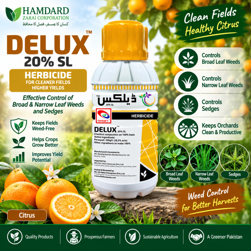 Delux 20% SL – Citrus میں Broad & Narrow Leaf Weeds اور Sedges کے کنٹرول کیلئے Herbicide | Target