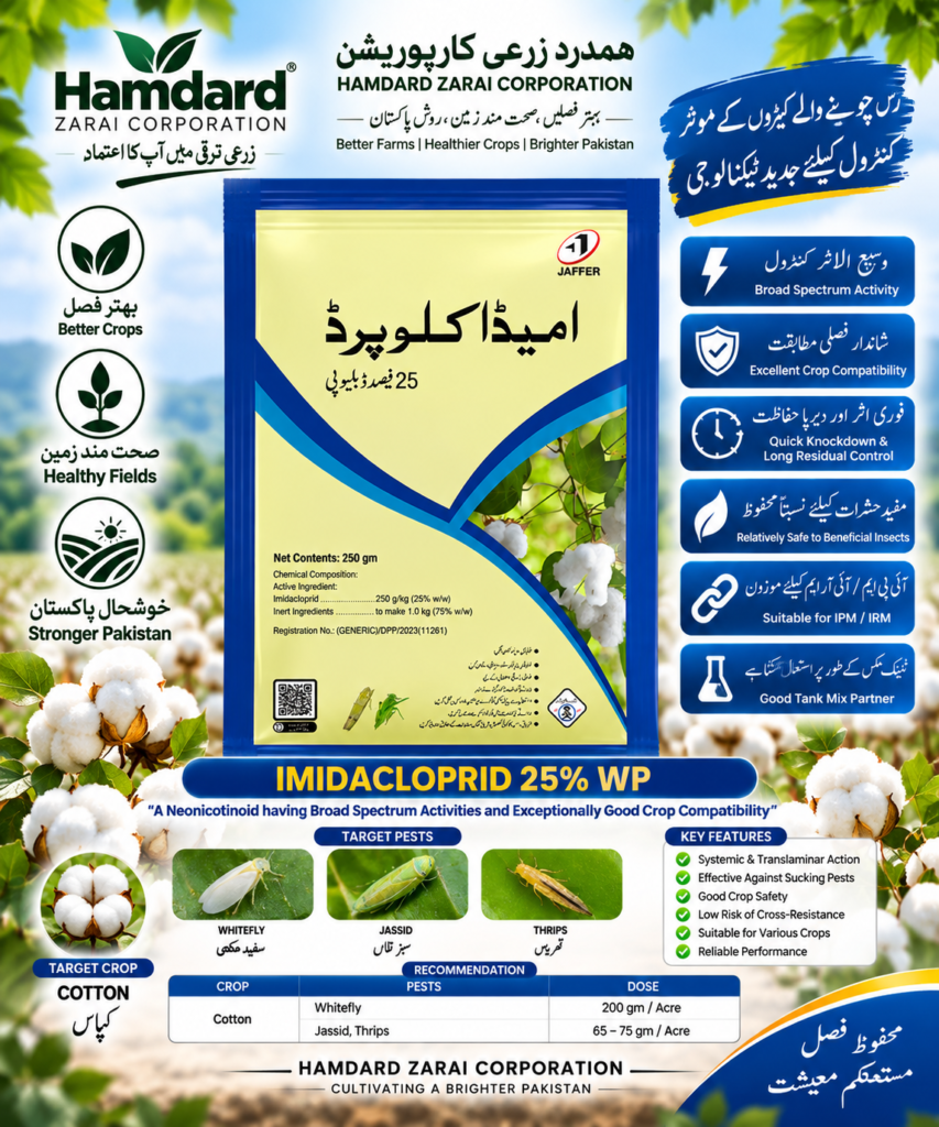 MIDACLOPRID 25% WP 250GM – کپاس میں سفید مکھی، سبز تیلہ اور تھرپس کیلئے Systemic Insecticide | Jaffer