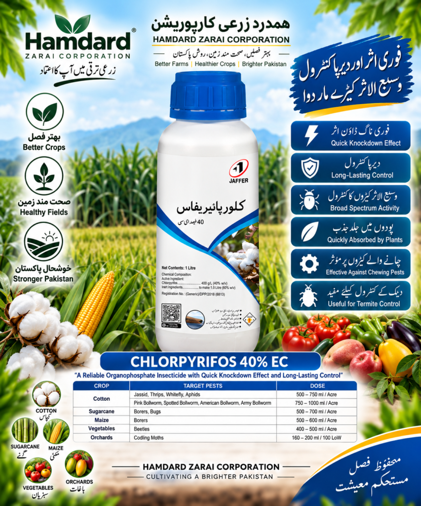 CHLORPYRIFOS 40% EC 1L – فصلوں میں سنڈیوں، بوررز اور رس چوسنے والے کیڑوں کیلئے Insecticide | Jaffer