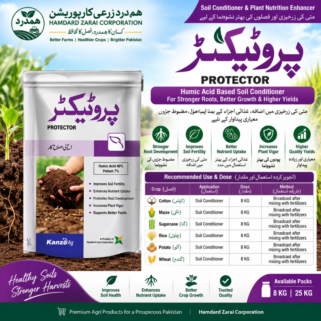 PROTECTOR Humic Acid 40% + Potash 7% 8KG – Soil Conditioner | مٹی کی زرخیزی، مضبوط جڑوں اور بہتر Crop Growth کیلئے